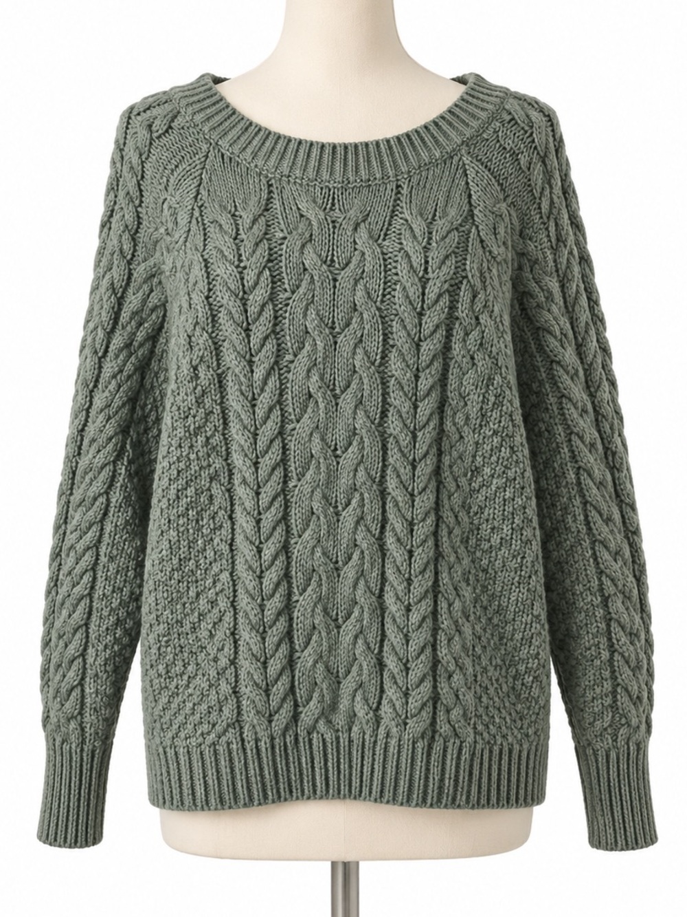 aerie Sage Green Cable Knit Crewneck Sweater
